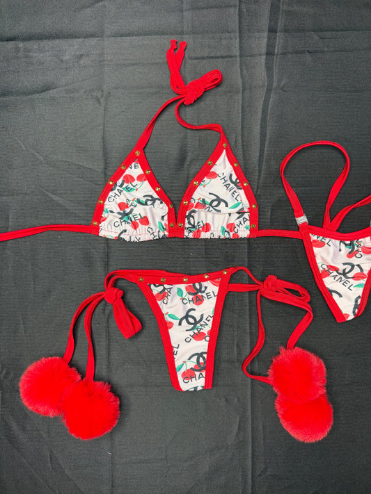 Designer White/Cherry Print Spandex Pom Poms Two-Piece Bikini Lingerie Outfit