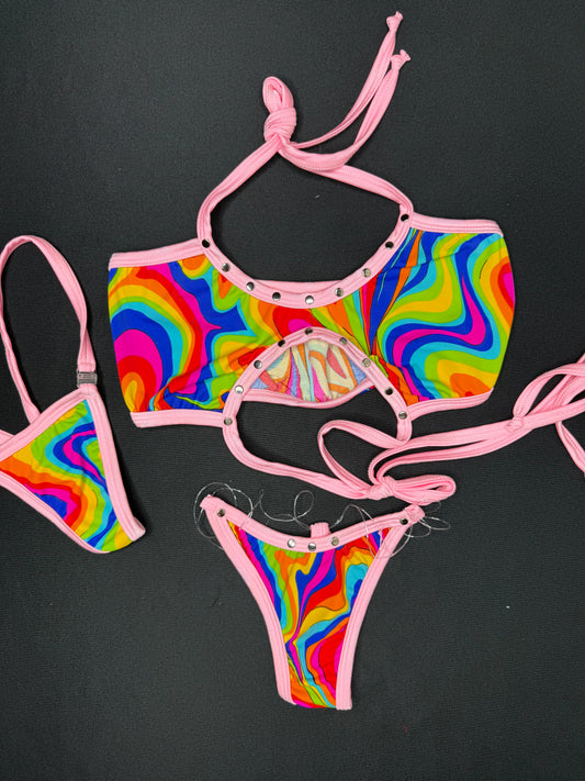 Rainbow Print/Baby Pink Sports Bra/Bikini Bottoms Two-Piece Lingerie Outfit