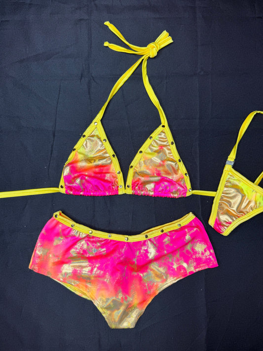 Yellow/Pink Spandex One-Piece Lingerie Outfit