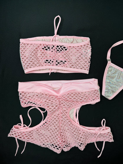 Metallic Silver/Baby Pink Tube Top/Shorts Two-Piece Lingerie Outfit