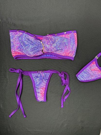 Metallic Purple/Pink Tube Top/Side-Tie Bikini Bottoms Two-Piece Lingerie Outfit
