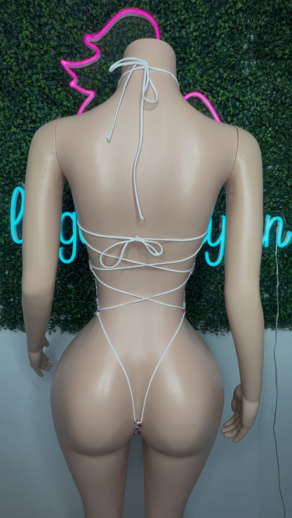 Pink/Silver Heart Metallic Spandex One-Piece Lingerie Outfit