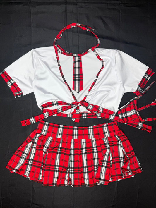 Red Plaid School Girl Lingerie Skirt Outfit