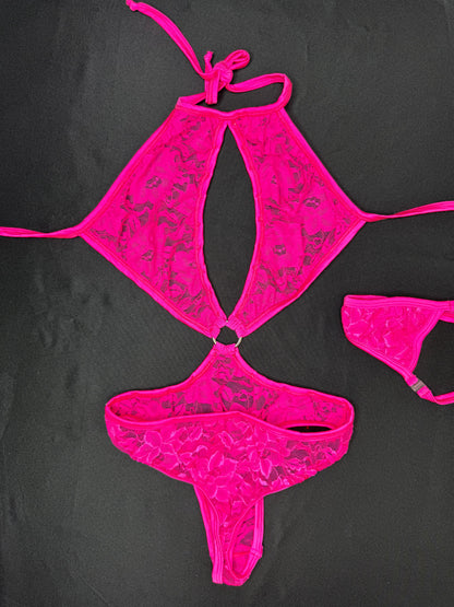 Hot Pink Lace One-Piece Lingerie Outfit