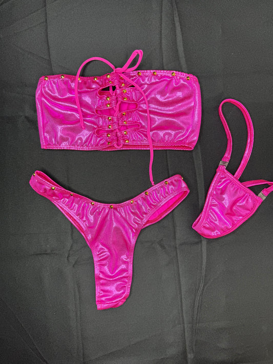 Metallic Hot Pink Tube Top/Cheeky Thong Two-Piece Lingerie Outfit