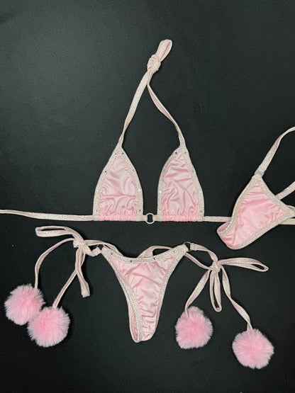 Baby Pink/Metallic Pink Pink Fur Two-Piece Bikini Lingerie Outfit