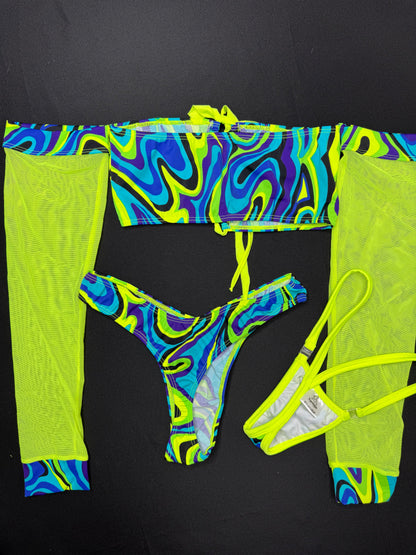 Cosmic Blue/Neon Yellow Long Sleeve Tube Top/Cheeky Thong Two-Piece Lingerie Outfit