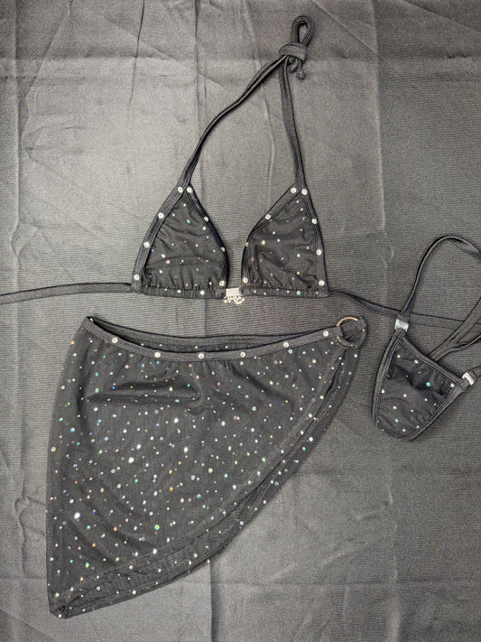 Black Mesh Bikini Top/Skirt Two-Piece Lingerie Outfit