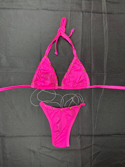 Hot Pink Spandex Bikini Top/Thong & Shorts Three-Piece Lingerie Outfit