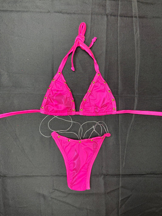 Hot Pink Spandex Bikini Top/Thong & Shorts Three-Piece Lingerie Outfit