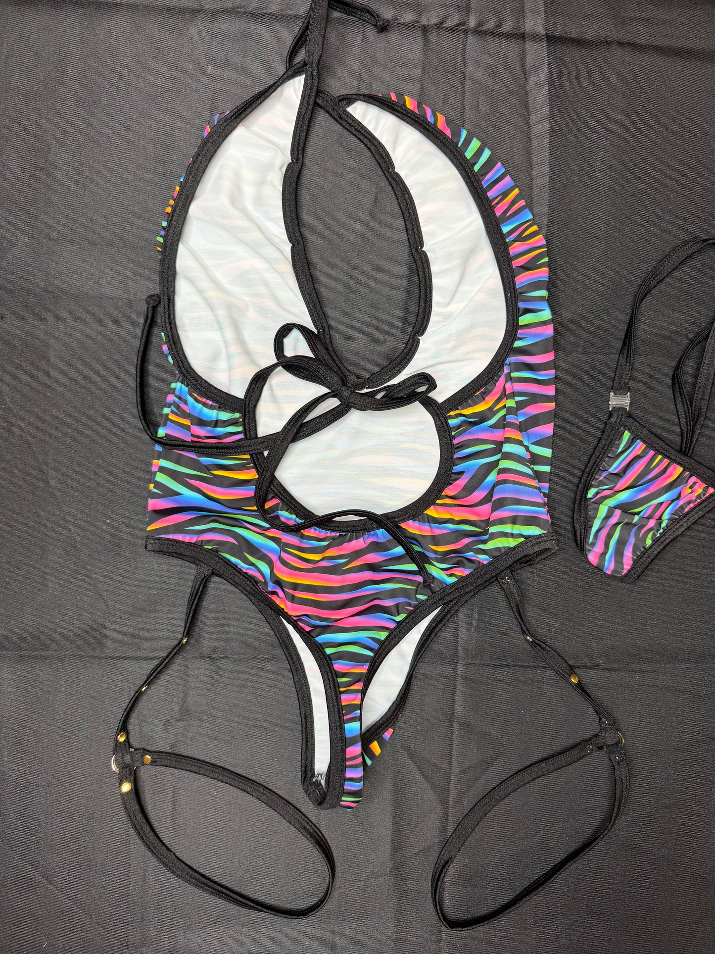 Neon Rainbow Zebra Print/Black Spandex One-Piece Garters Lingerie Outfit