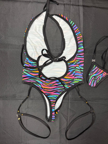 Neon Rainbow Zebra Print/Black Spandex One-Piece Garters Lingerie Outfit
