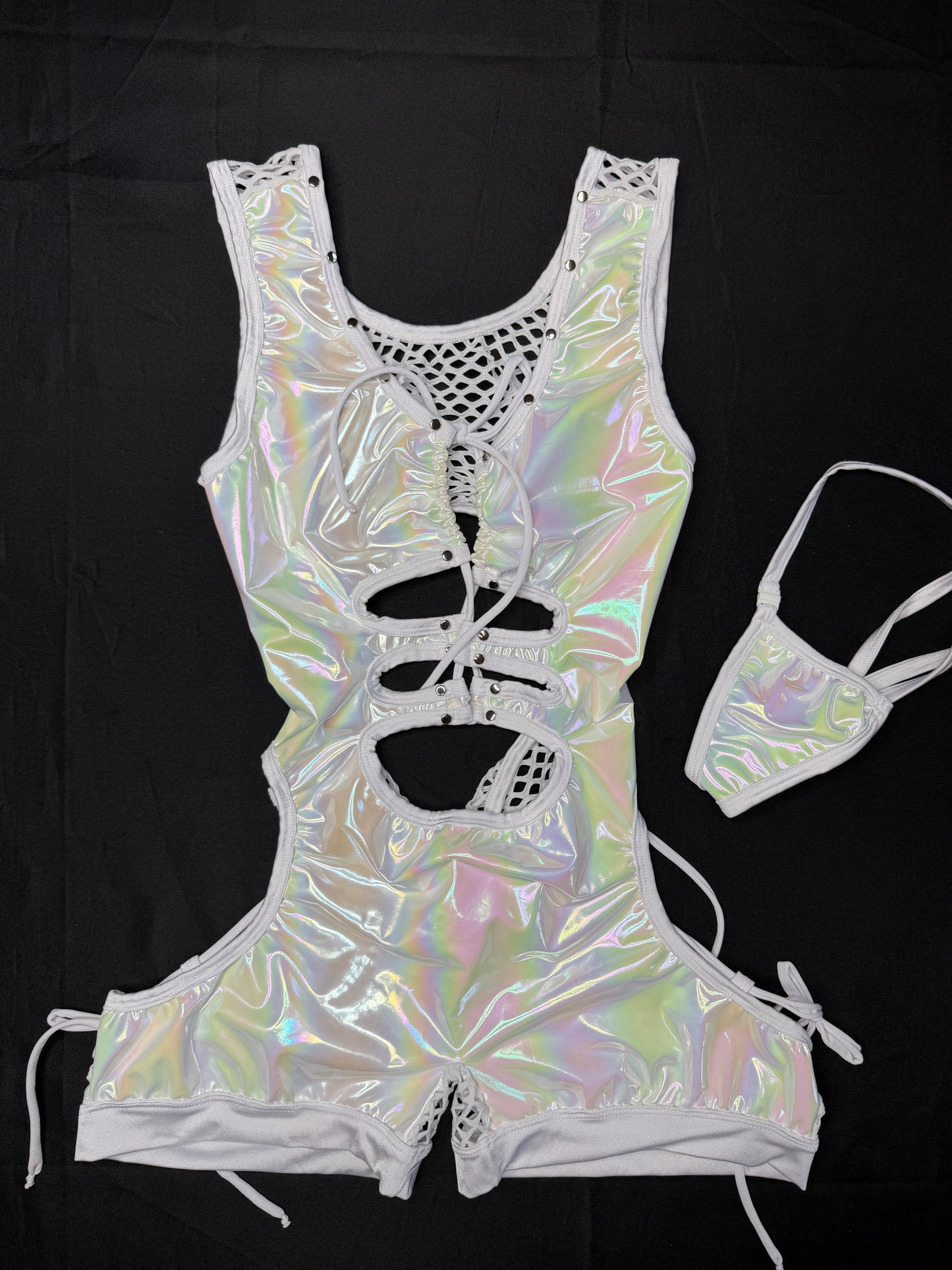 Chrome/White Designer Spandex/Latex Romper Lingerie Outfit