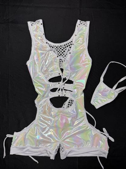 Chrome/White Designer Spandex/Latex Romper Lingerie Outfit