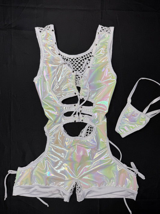 Chrome/White Designer Spandex/Latex Romper Lingerie Outfit
