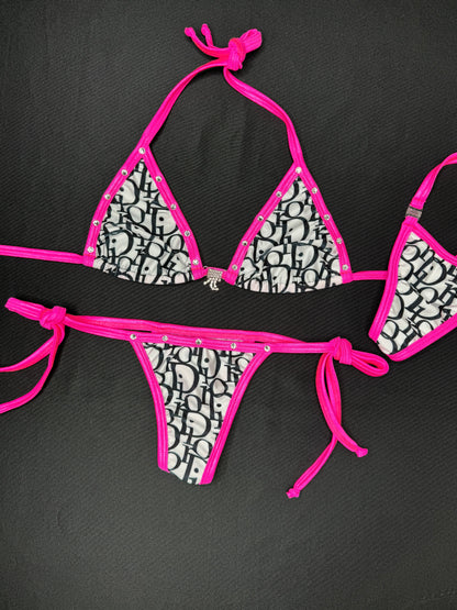 Hot Pink/White Designer Two-Piece Side-Tie Bikini Lingerie Outfit