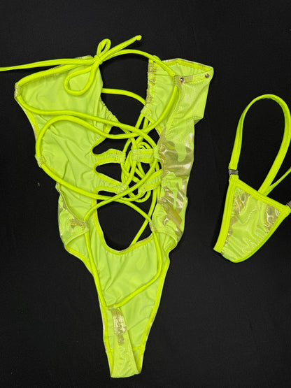 Yellow Spandex One-Piece Lingerie Outfit