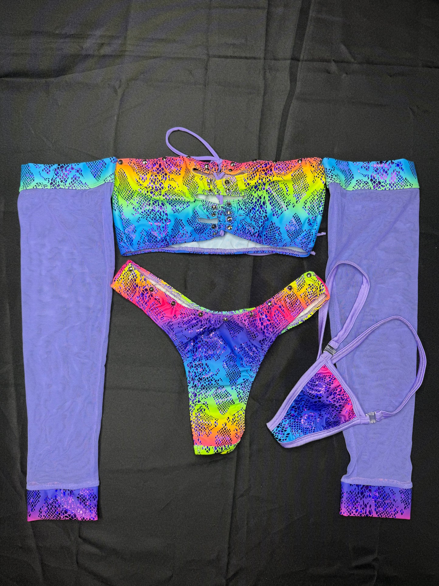 Rainbow Spandex/Lavender Mesh Long Sleeve Tube-Top/Cheeky Thong Two-Piece Lingerie Outfit