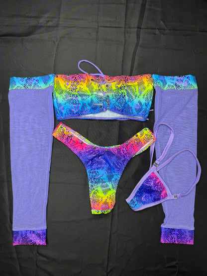 Rainbow Spandex/Lavender Mesh Long Sleeve Tube-Top/Cheeky Thong Two-Piece Lingerie Outfit