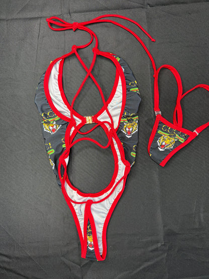 Designer/Red Spandex One-Piece Lingerie Outfit