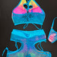Metallic Rainbow Spandex/Turquoise Fishnet Two-Piece Lingerie Outfit