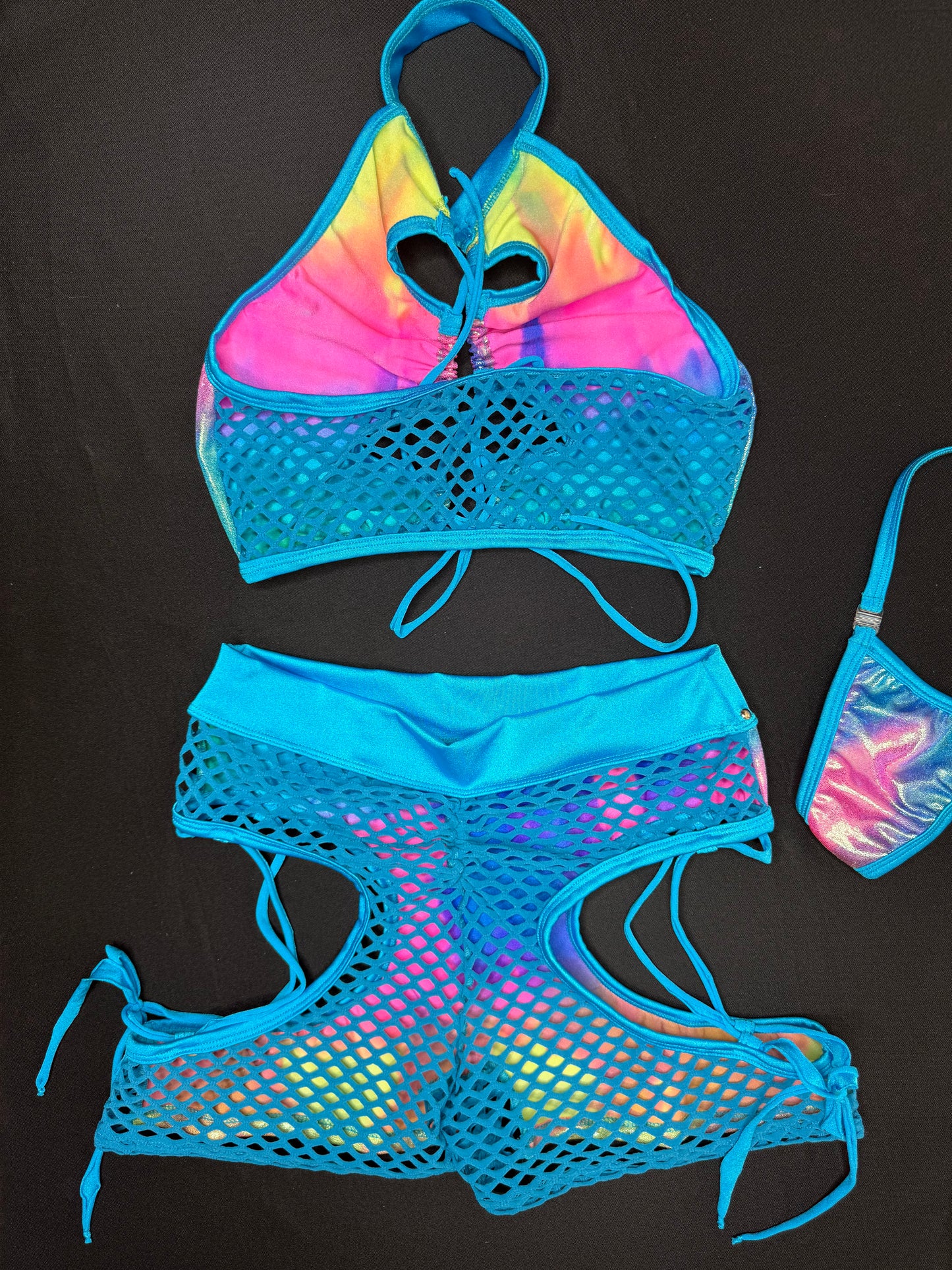 Metallic Rainbow Spandex/Turquoise Fishnet Two-Piece Lingerie Outfit