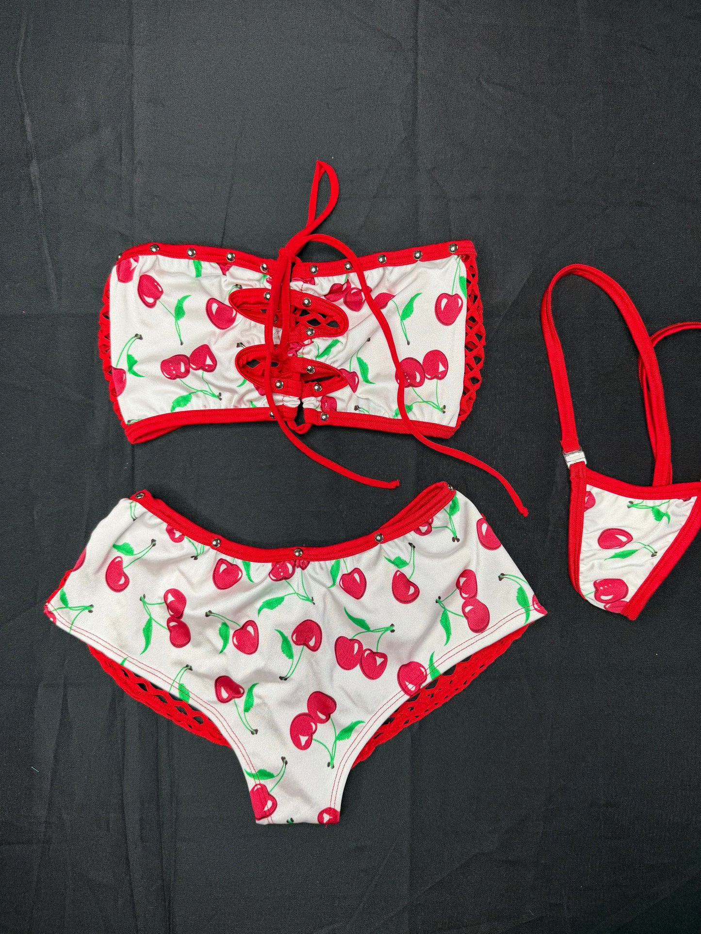 White/Red Cherry Spandex Tube-Top/Shorts Two-Piece Lingerie Outfit
