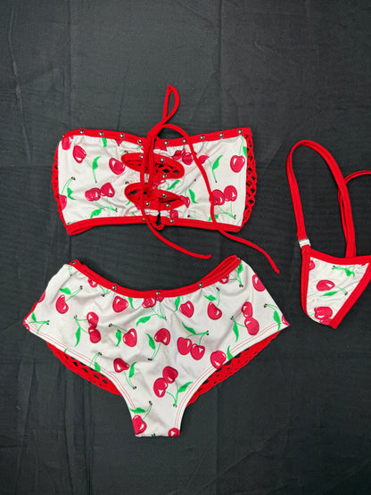 White/Red Cherry Spandex Tube-Top/Shorts Two-Piece Lingerie Outfit