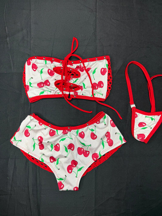 White/Red Cherry Spandex Tube-Top/Shorts Two-Piece Lingerie Outfit