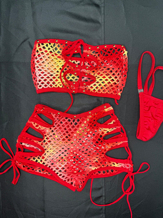Red Ombré Fishnet Tube-Top/Shorts Two-Piece Lingerie Outfit