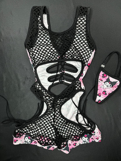 Baby Pink Kuromi Hearts Spandex/Black Fishnet Two-Piece Fringe Exotic Dancer Outfit