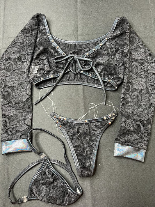Black Flower Pattern Lace Two-Piece Exotic Dancer Outfit