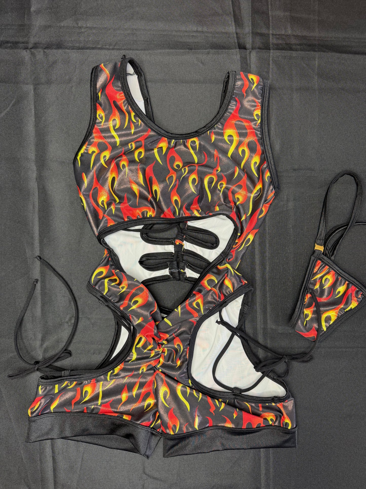 Holographic Black/Red Flame Spandex Romper Lingerie Outfit