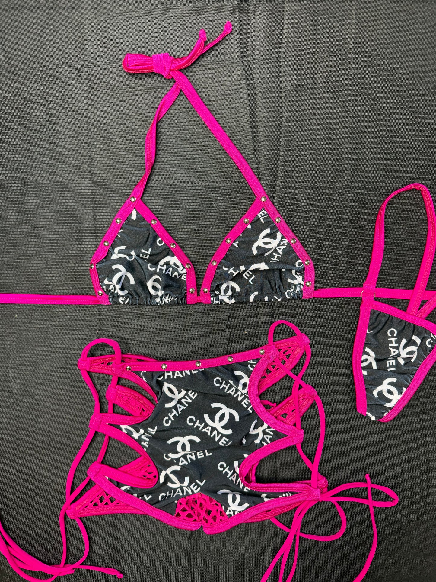 Black Designer/Fuchsia Spandex Two-Piece Shorts Lingerie Outfit