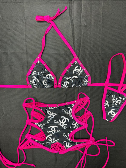 Black Designer/Fuchsia Spandex Two-Piece Shorts Lingerie Outfit