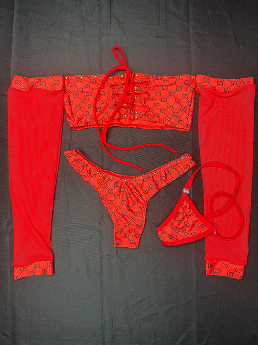 Designer Red Spandex/Red Mesh Tube-Top Long Sleeve Cheeky Thong Lingerie Outfit