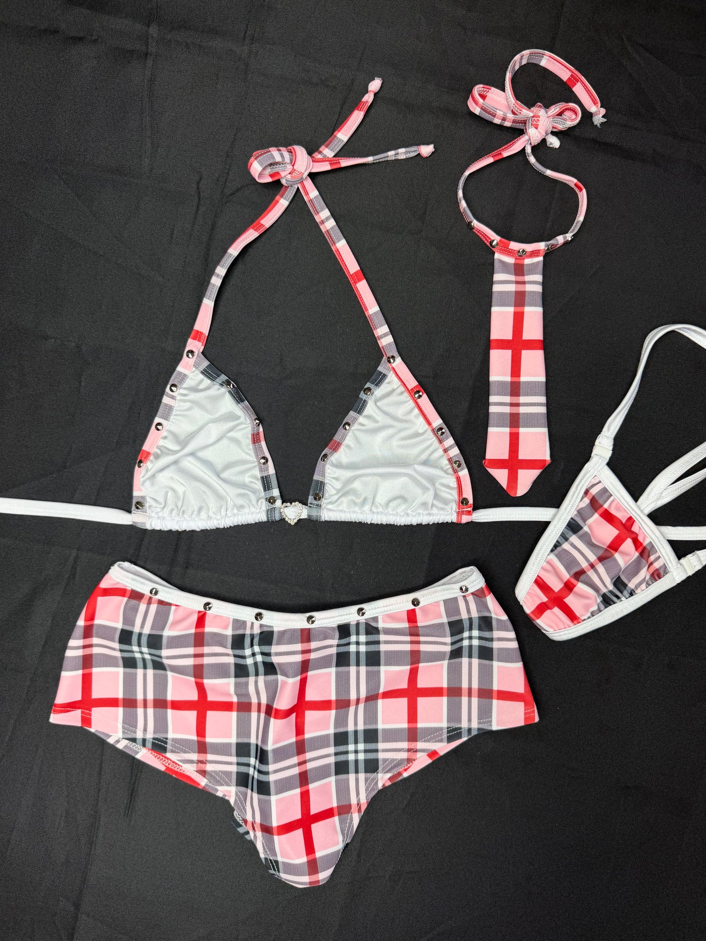 Light Pink/Red Spandex/White Lace Two-Piece Shorts with Tie School Girl Lingerie Outfit