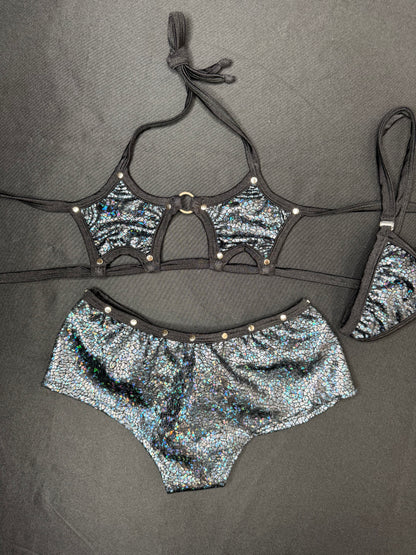 Metallic Black Star Bikini Top/Shorts Two-Piece Lingerie Outfit