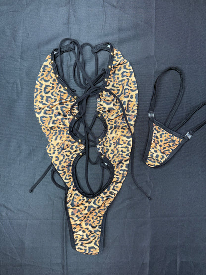 Cheetah Animal Print/Black Spandex One-Piece Lingerie Outfit
