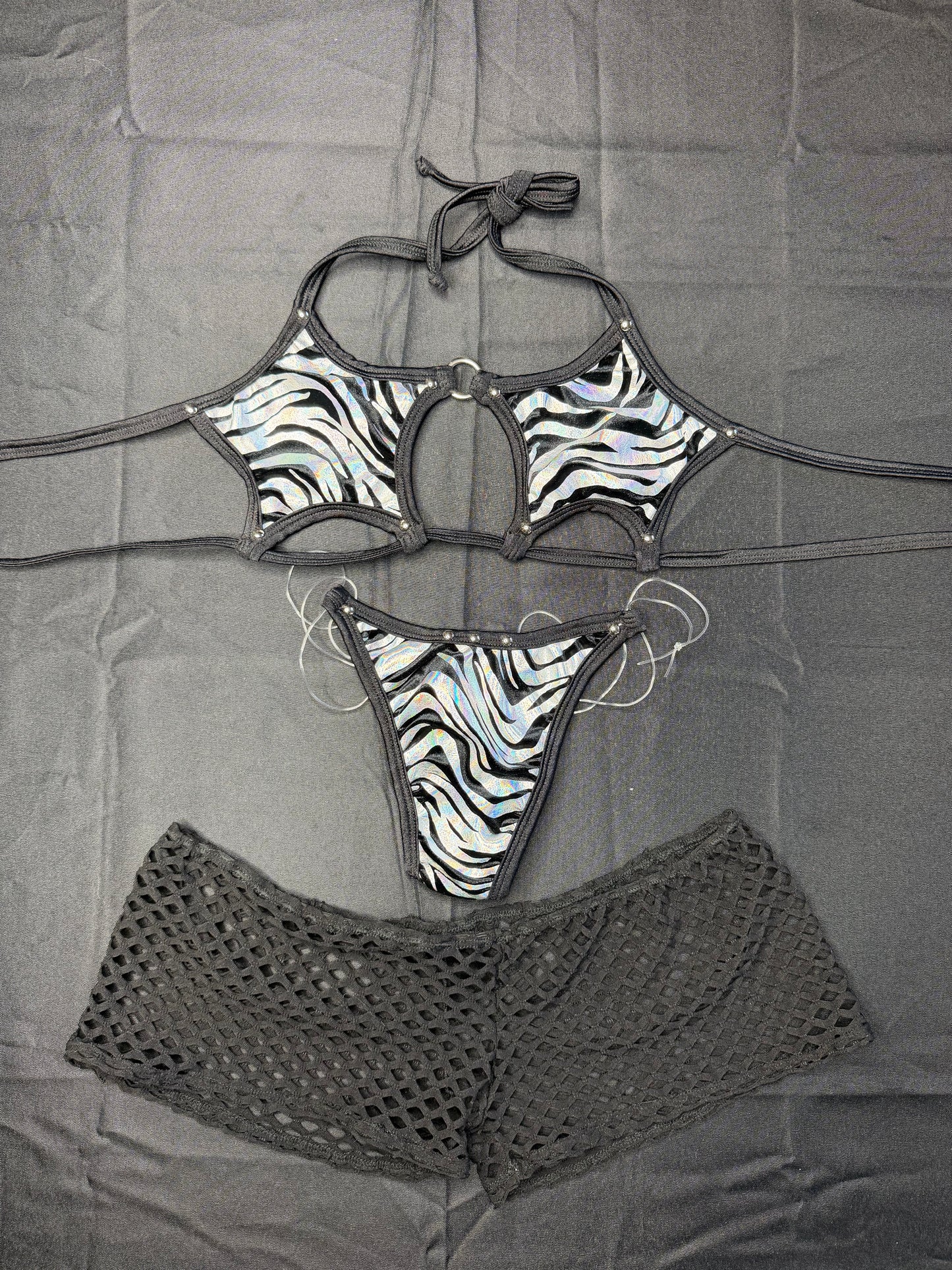 Silver Animal Print Stripes Star Bikini Top Three-Piece Lingerie Outfit