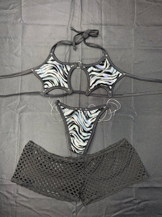 Silver Animal Print Stripes Star Bikini Top Three-Piece Lingerie Outfit