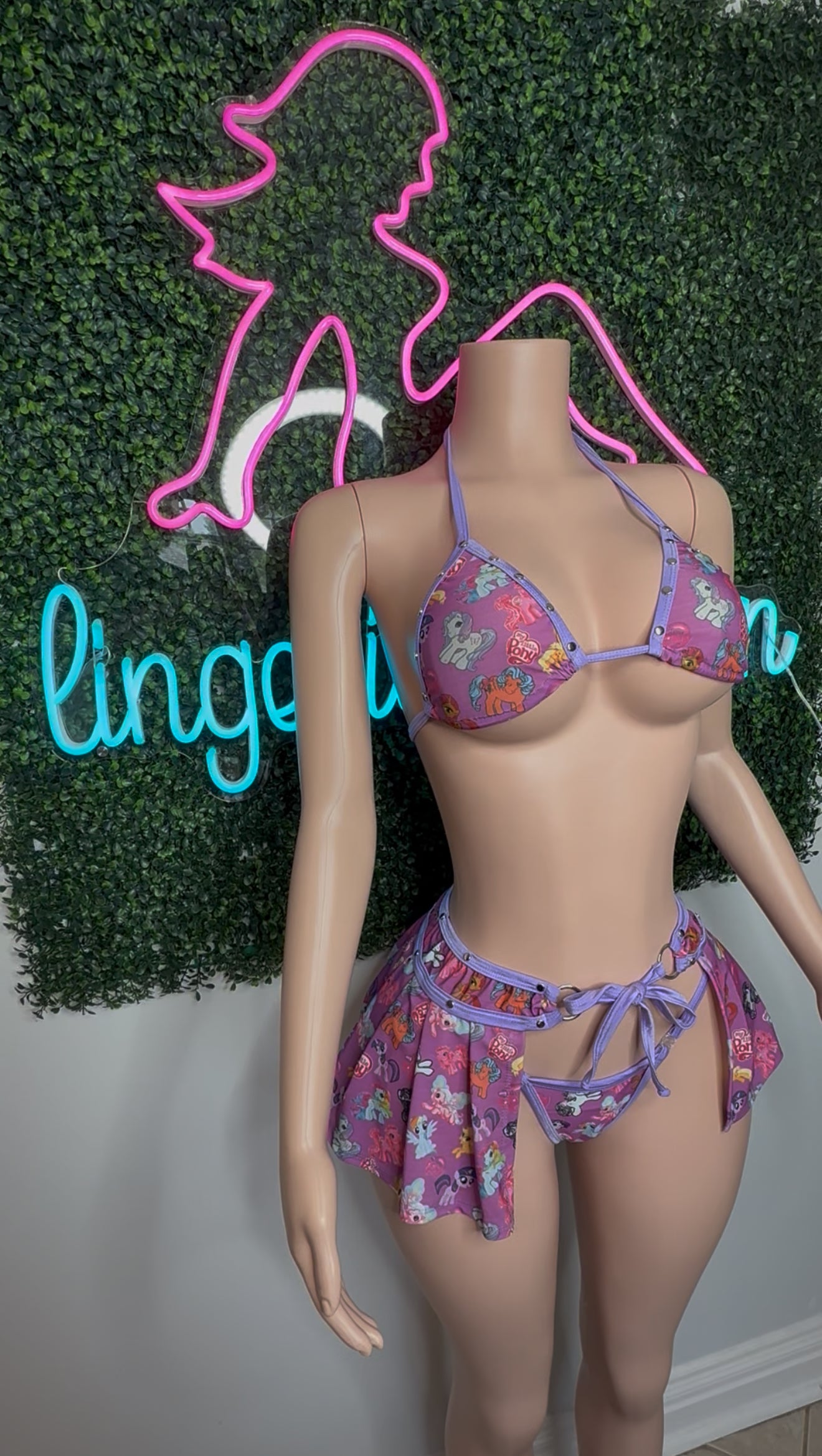 Lavender/Pink Pony Spandex Bikini Top/Skirt Two-Piece Lingerie Outfit