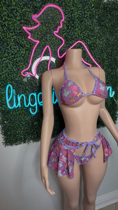 Lavender/Pink Pony Spandex Bikini Top/Skirt Two-Piece Lingerie Outfit