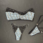 Holographic Baby Blue Designer Print/Black Fishnet Spandex Tube Top/Bikini Bottoms Two-Piece Lingerie Outfits