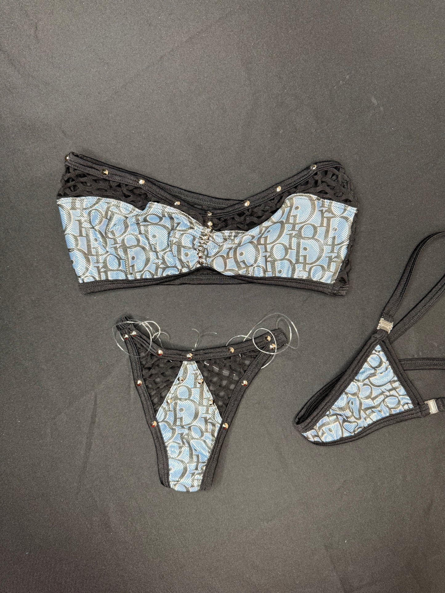 Holographic Baby Blue Designer Print/Black Fishnet Spandex Tube Top/Bikini Bottoms Two-Piece Lingerie Outfits