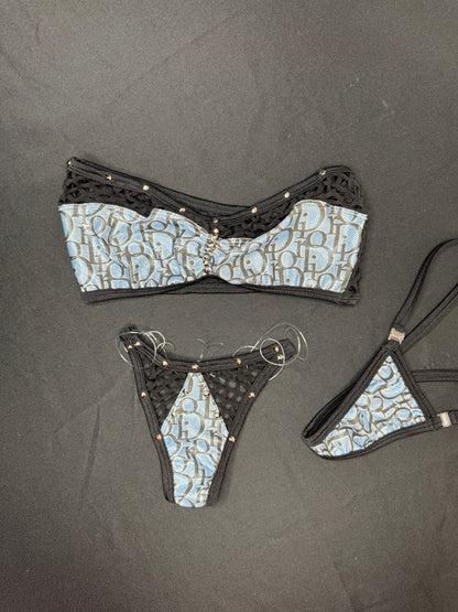 Holographic Baby Blue Designer Print/Black Fishnet Spandex Tube Top/Bikini Bottoms Two-Piece Lingerie Outfits