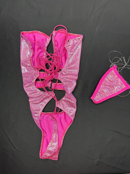 Metallic Pink Spandex One-Piece Lingerie Outfit