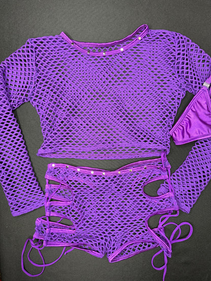 Purple Fishnet Long Sleeve Top/Shorts Two-Piece Lingerie Outfit