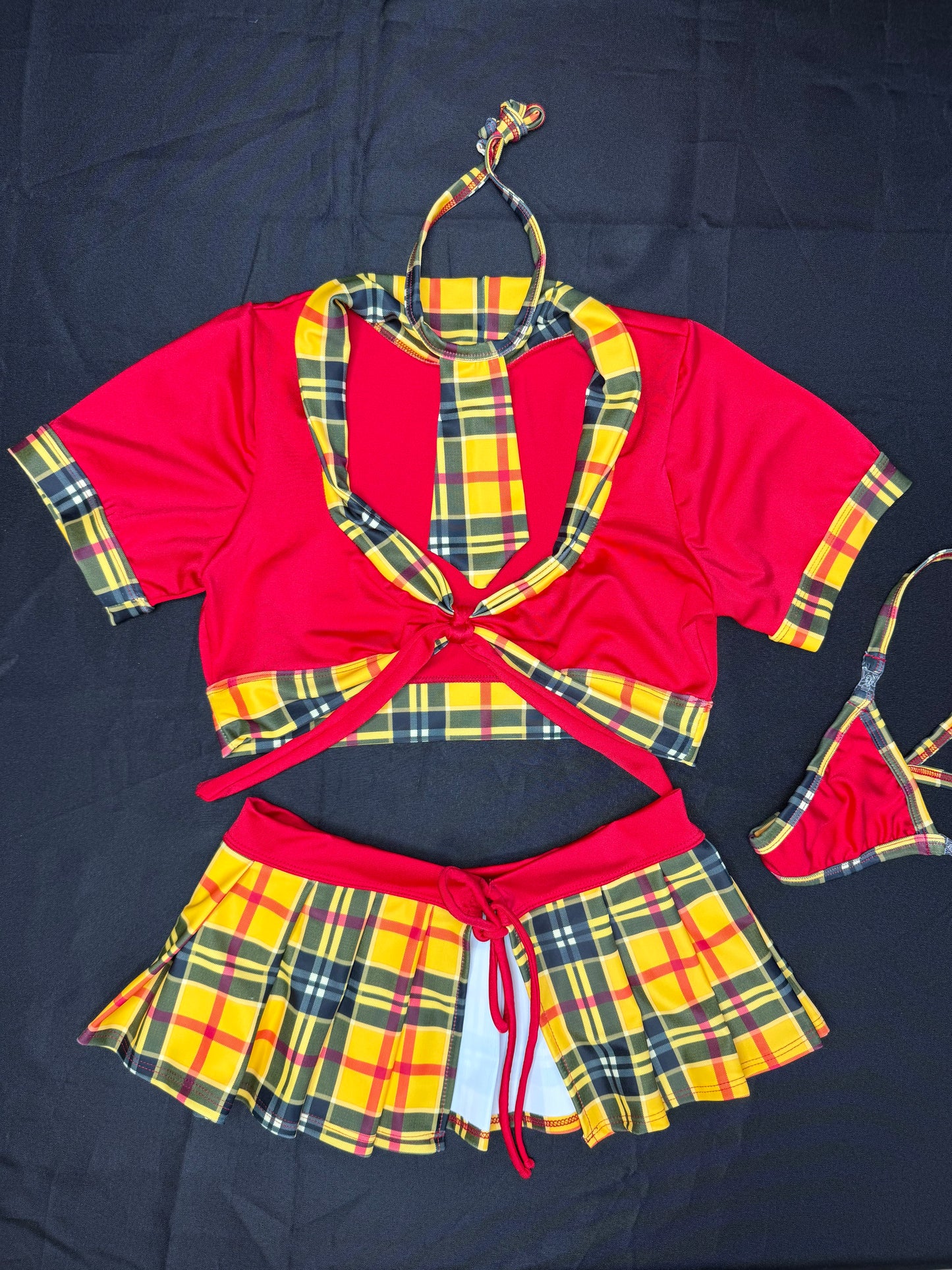 Red/Yellow Plaid Spandex Short Sleeve/Tie Skirt/Tie School Girl Outfit