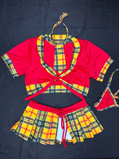 Red/Yellow Plaid Spandex Short Sleeve/Tie Skirt/Tie School Girl Outfit